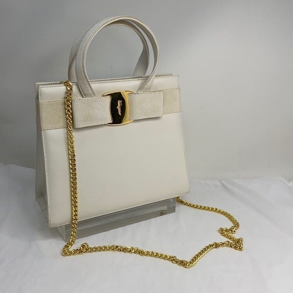 Salvatore Ferragamo Vara Creme White Leather and Satin Fabric Handbag
